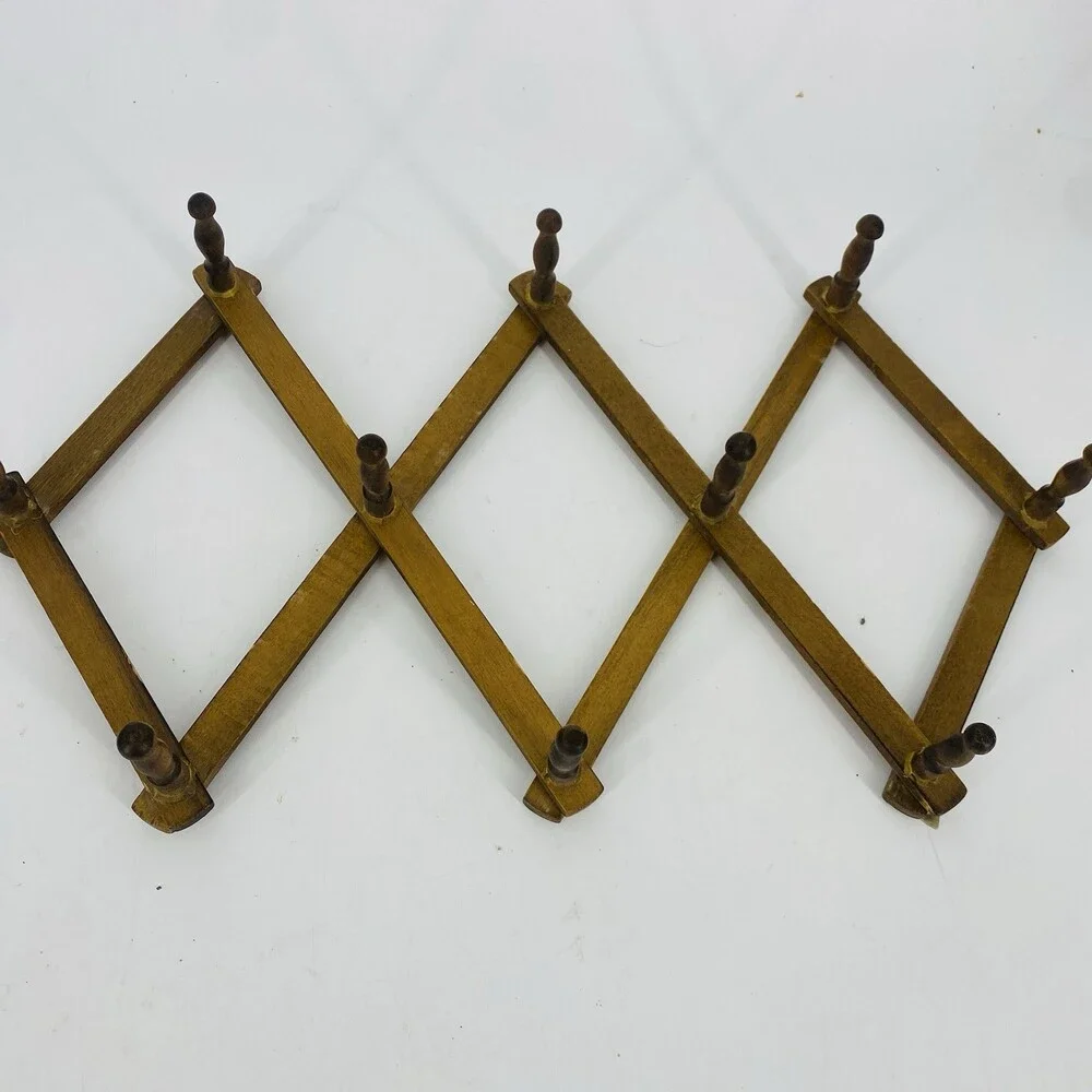 Vintage Wooden Accordion 10 Peg Rack Expandable Wall Coat Hat Hook Rustic